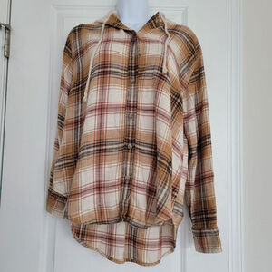Women's American Eagle Plaid Button Down Shirt S Beige Brown